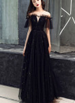 Black Off Shoulder Tulle Party Dress, A-line Black Formal Dress Prom Dress