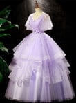 Lavender Tulle V-neckline Sweet 16 Dress with Flowers, Lavender Formal Dress Prom Dress
