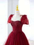 Wine Red Short Sleeves Beaded Long Prom Dress, Wine Red Sweetheart Party Dress
