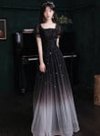 Black Short Sleeves Gradient Tulle with Lace Party Dress, Black A-line Prom Dress