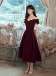 Wine Red Off Shoulder Velvet Tea Length Party Dress, Velvet Prom Dress Homecoming Dress