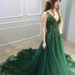 Dark Green Low Back Beaded Lace V-neckline Party Dress, A-line Prom Dress