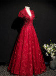 Wine Red Lace A-line Open Back Long Prom Dress, A-line Wine Red Formal Dress