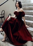 Wine Red Velvet Tea Length Off Shoulder Party Dress, Wine Red Bridesmaid Dress