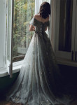 Off Shoulder Sweetheart A-line Green Long Formal Dress, Tulle with Lace Prom Dress