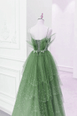 Glam Green Layers Tulle Straps Beaded Long Party Dress, Green Long Formal Dress