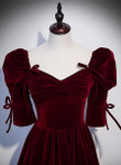 Wine Red Short Sleeves A-line Long Party Dress, Wine Red Bridesmaid Dress