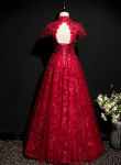 Wine Red Lace A-line Open Back Long Prom Dress, A-line Wine Red Formal Dress