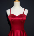 Wine Red Satin Beaded Sweetheart Party Dress, A-line Wine Red Prom Dress