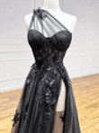 Black Lace Floral Long Prom Dresses, One Shoulder Black Lace Formal Evening Dresses
