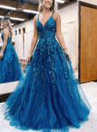 Blue Tulle with Lace Straps V-neckline Party Dress, Blue Long Formal Dress