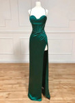 Green Satin Straps Long Prom Dress with Leg Slit, Green Prom Dress