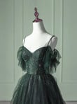 Dark Green Beaded Straps Tulle Layers Long Party Dress, Green Formal Dress