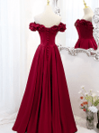 Wine Red Off Shoulder A-line Long Formal Dress, Wine Red Evening Dress