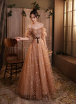 Lovely Champagne A-line Tulle Long Party Dress, Off Shoulder Prom Dress