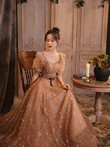 Lovely Champagne A-line Tulle Long Party Dress, Off Shoulder Prom Dress