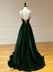 Dark Green Velvet Straps Long Backless Party Dress, Green Long Formal Dress