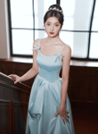 Blue Satin A-line Pretty Long Prom Dress, Blue Satin Wedding Party Dress