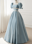 Chic Blue Satin Beaded Short Sleeves Party Dress, Blue Satin Long Prom Dress