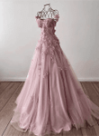 Pink Off Shoulder Tulle Floral Party Dress, A-line Pink Tulle Prom Dress Evening Dress