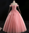 Off Shoulder Pink Sweetheart Tulle with Lace Party Dress, Pink Sweet 16 Dress