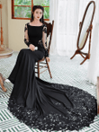 Black Mermaid Long Sleeves with Lace Formal Dress Evening Dress, Black Mermaid Prom Dress
