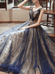 Blue V-Neckline Tull And Lace Long Prom Dress, Navy Blue Evening Dress Formal Dress