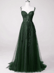 Chic Dark Green Long A-line Tulle Prom Dress Party Dress, Dark Green Evening Dress