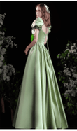 Green A-line Long Formal Dress Prom Dress, Green Short Sleeves Formal Dress