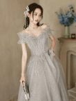 Light Grey A-line Tulle Long Formal Dress, Off Shoulder Prom Dress Floor Length Party Dress