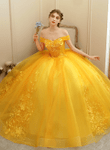 Yellow Off Shoulder Ball Gown Tulle with Lace Sweet 16 Dress, Yellow Prom Dress