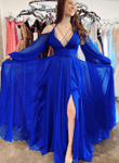 Royal Blue Puffy Sleeves Chiffon Long Formal Dress, Royal Blue Prom Dress