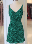 Green A-line Sequins V Neck Short Prom Dress, V Neck Green Homecoming Dress