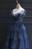 A-line Dark Blue Tulle Beaded Long Senior Prom Dress, Blue Floor Length Party Dress