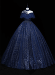 Navy Blue Tulle Sequins Long Ball Gown, Elegant A-Line Formal Gown