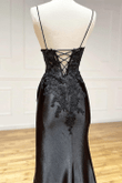 A-line Black Long Appliques Prom Dress with Spaghetti Straps, Black Floor Length Party Dress