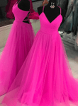 A-Line Pink V-Neckline Sweetheart Cross Back Long Party Dress, Tulle Evening Dress Prom Dress