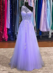 A-line One Shoulder Lavender Lace Long Prom Dress, Lavender Long Party Dress