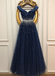 Navy Blue Beaded A Line Long Prom Dress Tulle Party Dress, Floor Length Evening Dress