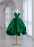 Green V-neckline Straps Satin Short Prom Dress, Green Homecoming Dress