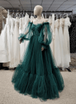Green Lace Puff Long Sleeves Off The Shoulder Party Dress, Green Formal Dress