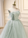 Light Green Off Shoulder Beaded Tulle Party Dress, Light Green A-line Prom Dress