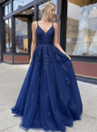 A Line V Neck Navy Blue Lace Party Dress, Low Back Long Tulle Prom Dress