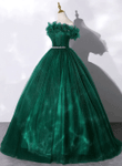 Green Off Shoulder Beaded Long Prom Dress, Ball Gown Green Evening Dress