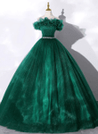 Green Off Shoulder Beaded Long Prom Dress, Ball Gown Green Evening Dress