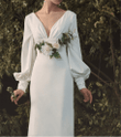 Elegant Deep V Bridal Prom Dress Backless Evening Dress, Long Sleeve Bridal Gown