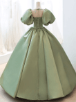 Green Satin Beaded Long Party Dress, Green Satin Prom Dress Formal Dress