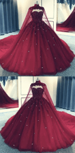 Wine Red Ball Gown Quinceanera Dress Lace Applique Beaded Cape, Wine Red Formal Dress Party Gowns