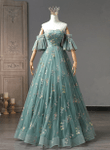 Green Floral Tulle Straps Off Shoulder Party Dress, Green Long Evening Dress Prom Dress
