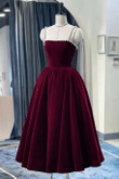 Velvet Tea Length Pearls Straps Formal Dress, Velvet Homecoming Drss Prom Dress